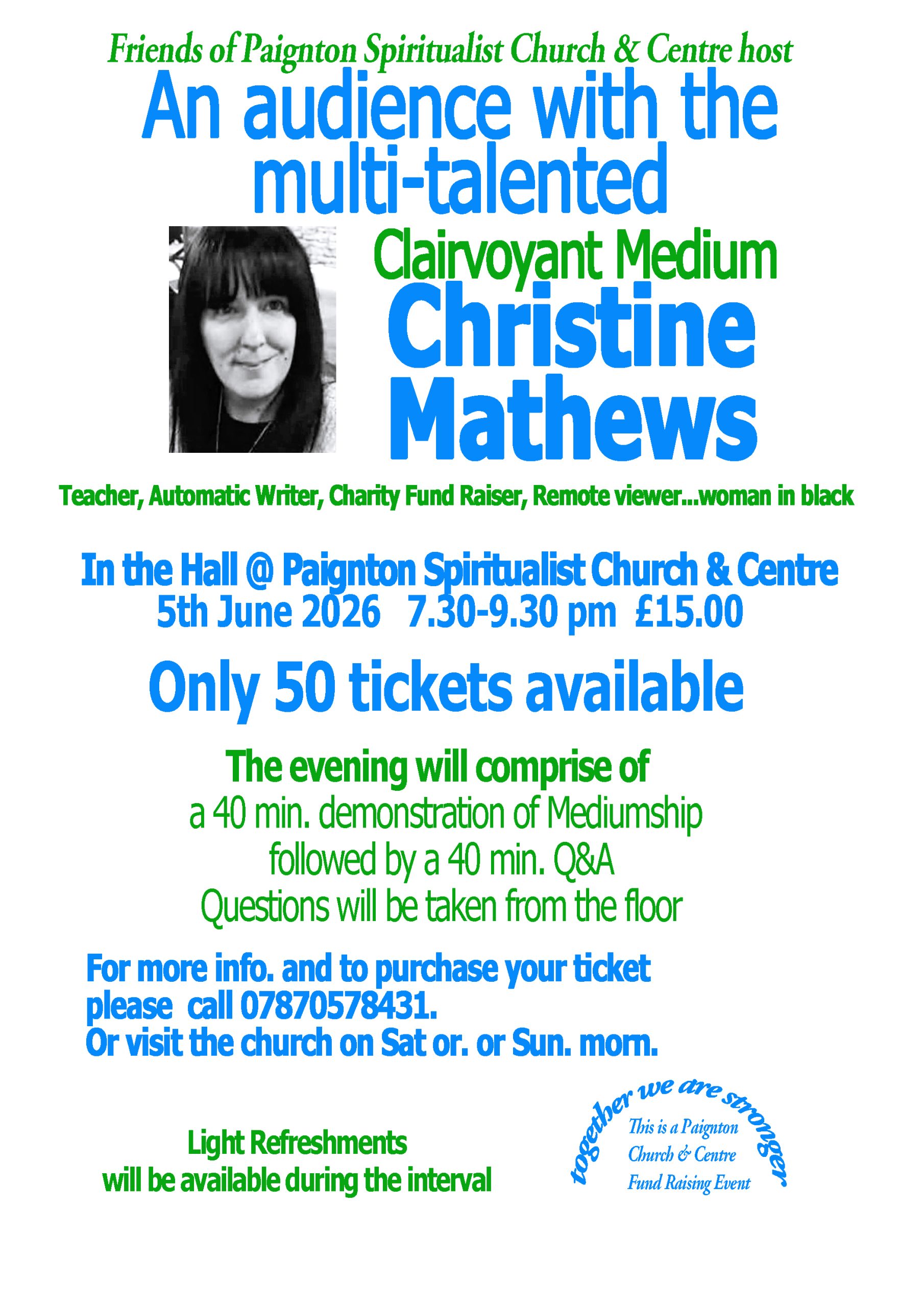 Friends of Paignton Spiritualist Church & Centre host An Audience with multi talented Clairvoyant Medium Christine Mathews